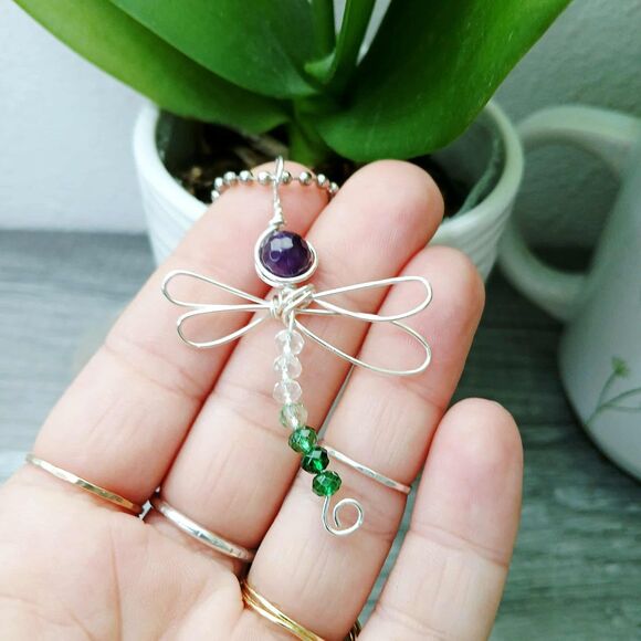 Amethyst Gemstone Beaded Dragonfly Bag Charm, 4" - Picture 1 of 3